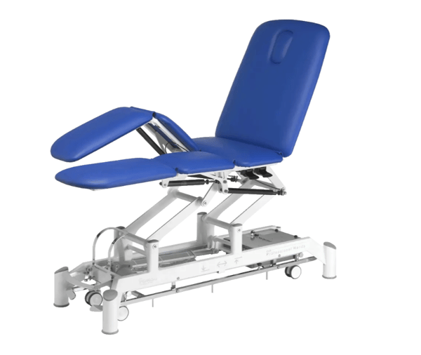 Lettino elettrico professionale CHAGALL NEO: 6 sezioni, con schienale elettrico, braccioli girevoli e poggiagambe indipendenti